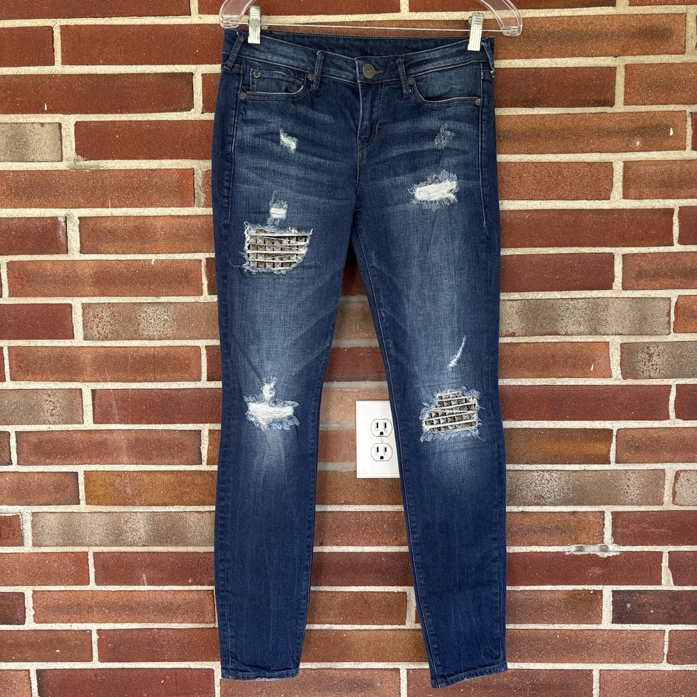 Tru Religion Halle Mid Rise Skinny Distressed Holes Studded Jeans Sz 28 A3823